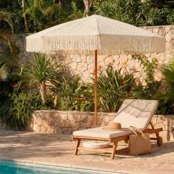 Ombrellone da giardino rotondo con frange (D2 m) Isy Pizzo Beige