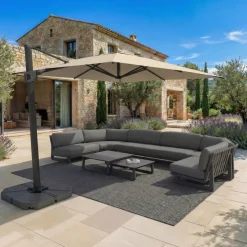 Ombrellone decentrato quadrato in alluminio con base (3 x 3 m) Elyra Antracite e Beige