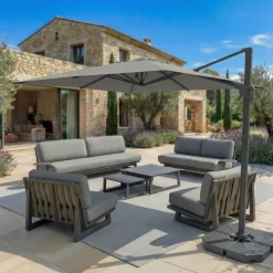 Ombrellone decentrato quadrato in alluminio con base (3 x 3 m) Elyra Antracite e Grigio