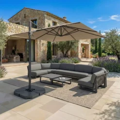 Ombrellone decentrato quadrato in alluminio con base (3 x 3 m) Elyra Antracite e Tortora