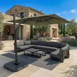 Ombrellone decentrato quadrato in alluminio con base (3 x 3 m) Elyra Antracite e Verde oliva