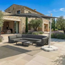 Ombrellone decentrato quadrato in alluminio con base (3 x 3 m) Elyra Bianco e Antracite