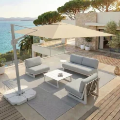 Ombrellone decentrato quadrato in alluminio con base (3 x 3 m) Elyra Bianco e Beige