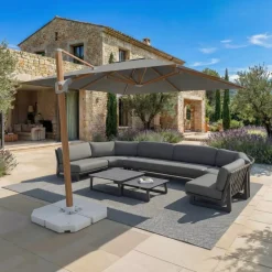 Ombrellone decentrato quadrato in alluminio con base (3 x 3 m) Elyra effetto legno e Antracite