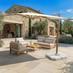Ombrellone decentrato quadrato in alluminio con base (3 x 3 m) Elyra effetto legno e Beige