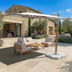 Ombrellone decentrato quadrato in alluminio con base (3 x 3 m) Elyra effetto legno e Bianco