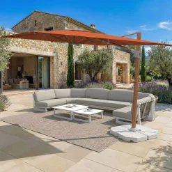 Ombrellone decentrato quadrato in alluminio con base (3 x 3 m) Elyra effetto legno e Terracotta