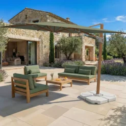 Ombrellone decentrato quadrato in alluminio con base (3 x 3 m) Elyra effetto legno e Verde oliva