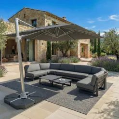 Ombrellone decentrato quadrato in alluminio con base (3 x 3 m) Elyra Metallico lucido e Antracite