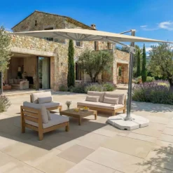 Ombrellone decentrato quadrato in alluminio con base (3 x 3 m) Elyra Metallico lucido e Beige