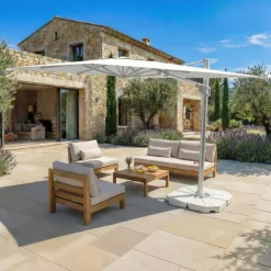 Ombrellone decentrato quadrato in alluminio con base (3 x 3 m) Elyra Metallico lucido e Bianco