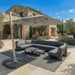 Ombrellone decentrato quadrato in alluminio con base (3 x 3 m) Elyra Metallico lucido e Grigio