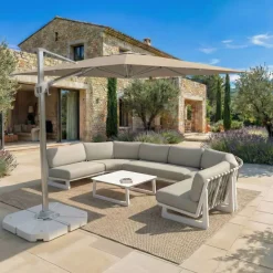 Ombrellone decentrato quadrato in alluminio con base (3 x 3 m) Elyra Metallico lucido e Tortora