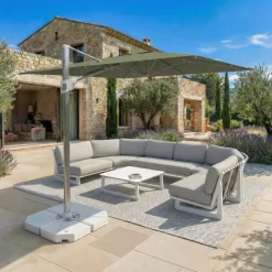 Ombrellone decentrato quadrato in alluminio con base (3 x 3 m) Elyra Metallico lucido e Verde oliva