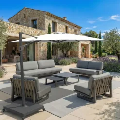 Ombrellone decentrato quadrato in alluminio con base (3 x 3 m) Elyra Antracite e Bianco
