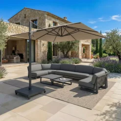 Ombrellone decentrato quadrato in alluminio con base (3 x 3 m) Elyra Antracite e Tortora