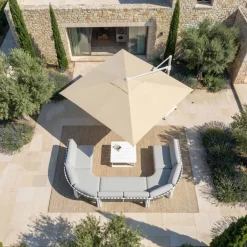 Ombrellone decentrato quadrato in alluminio con base (3 x 3 m) Elyra Bianco e Beige