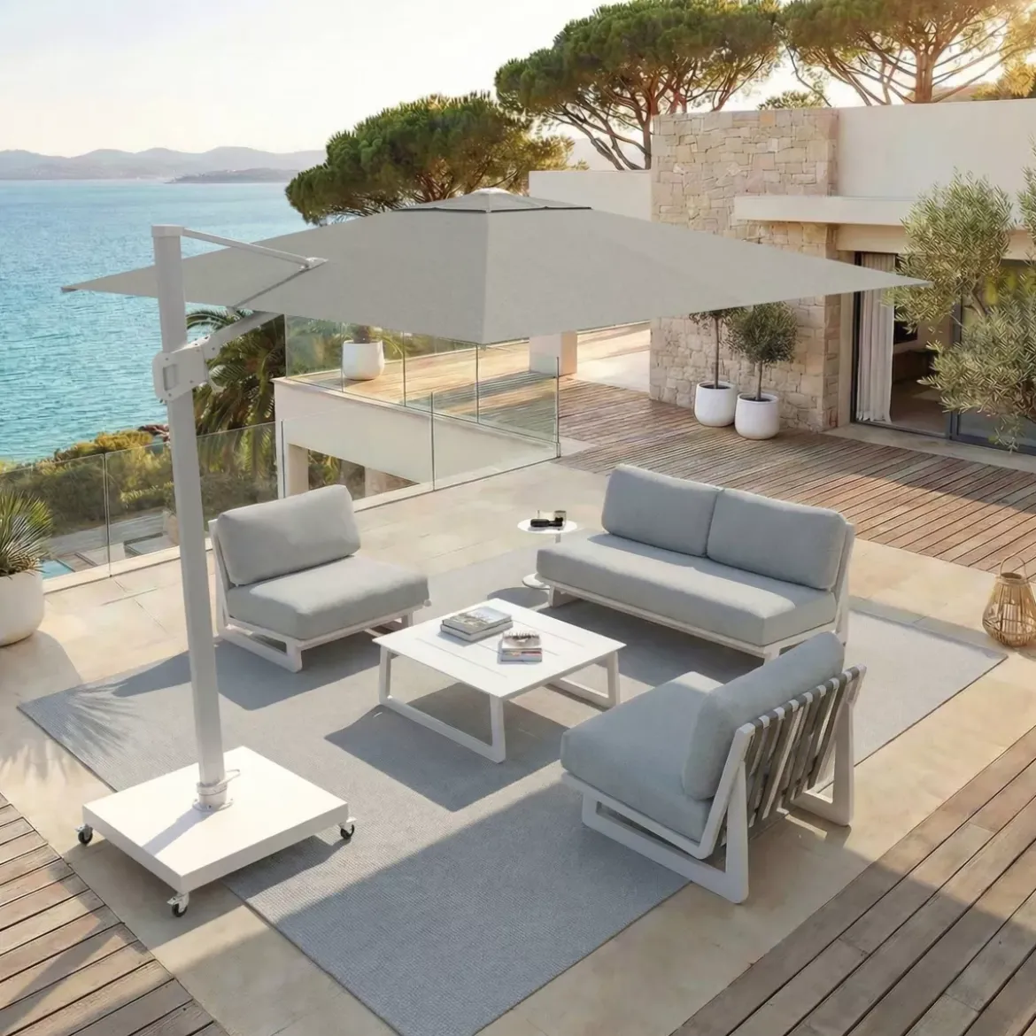 Ombrellone decentrato quadrato in alluminio con base (3 x 3 m) Elyra Bianco e Grigio