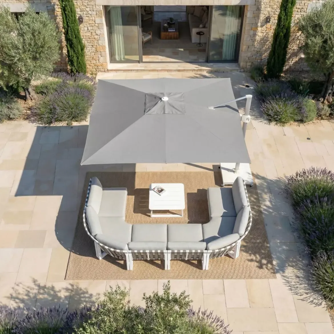 Ombrellone decentrato quadrato in alluminio con base (3 x 3 m) Elyra Bianco e Grigio