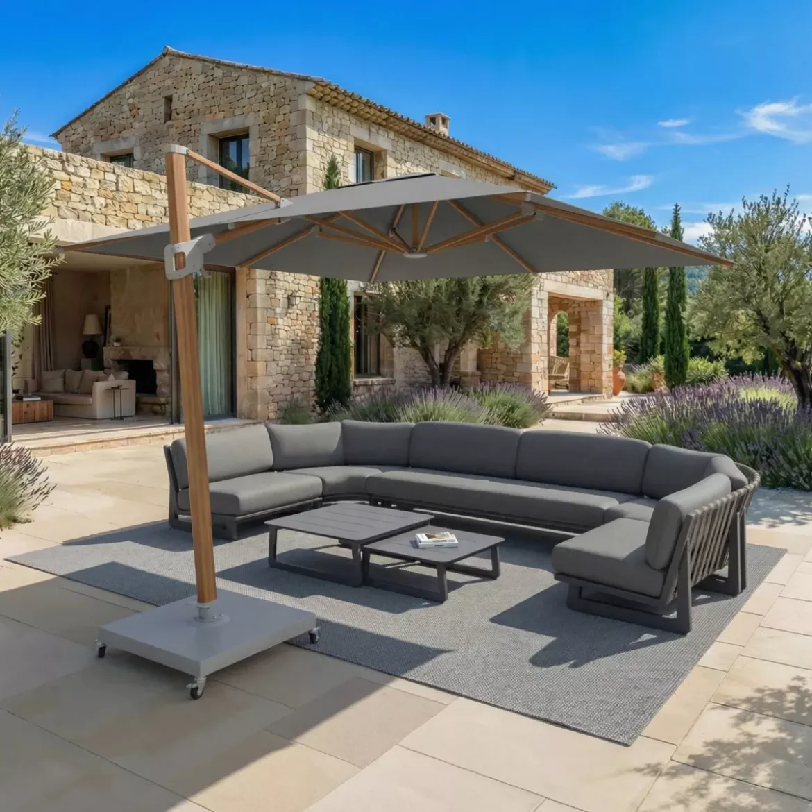 Ombrellone decentrato quadrato in alluminio con base (3 x 3 m) Elyra effetto legno e Antracite