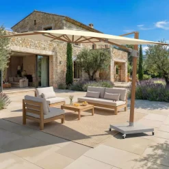 Ombrellone decentrato quadrato in alluminio con base (3 x 3 m) Elyra effetto legno e Beige
