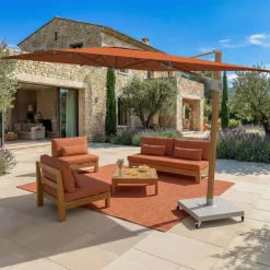 Ombrellone decentrato quadrato in alluminio con base (3 x 3 m) Elyra effetto legno e Terracotta