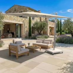 Ombrellone decentrato quadrato in alluminio con base (3 x 3 m) Elyra Metallico lucido e Beige