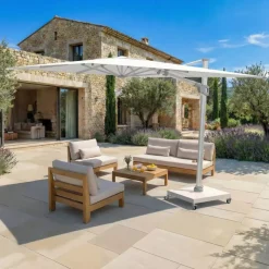 Ombrellone decentrato quadrato in alluminio con base (3 x 3 m) Elyra Metallico lucido e Bianco