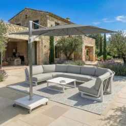 Ombrellone decentrato quadrato in alluminio con base (3 x 3 m) Elyra Metallico lucido e Grigio