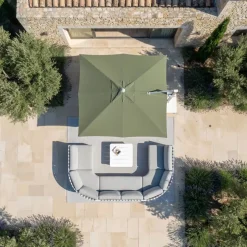 Ombrellone decentrato quadrato in alluminio con base (3 x 3 m) Elyra Metallico lucido e Verde oliva