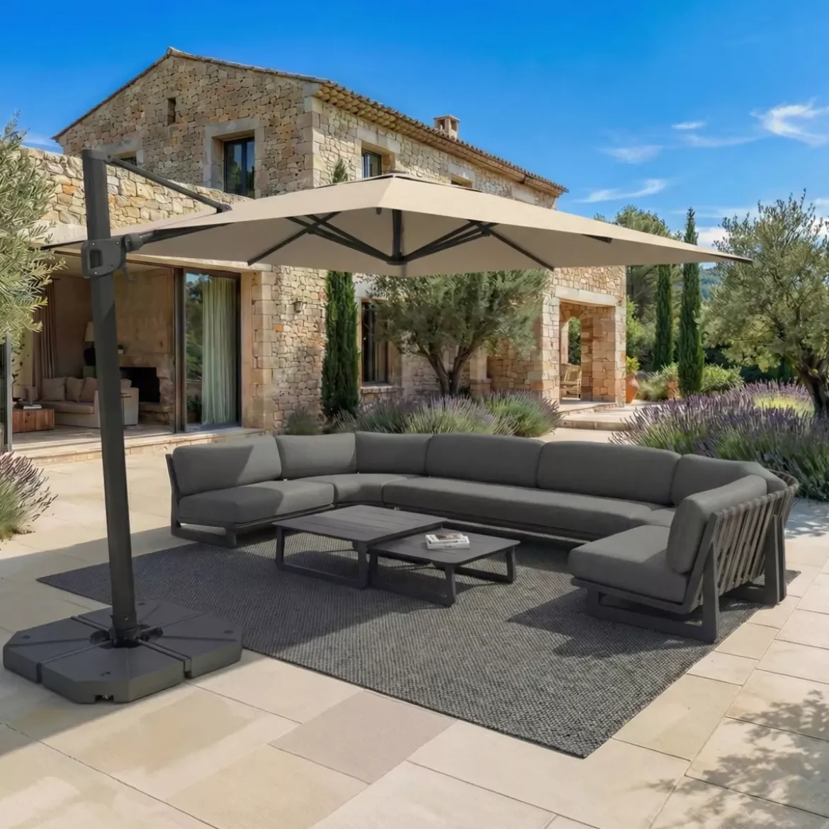 Ombrellone decentrato rettangolare in alluminio con base (3 x 4 m) Elyra Antracite e Beige