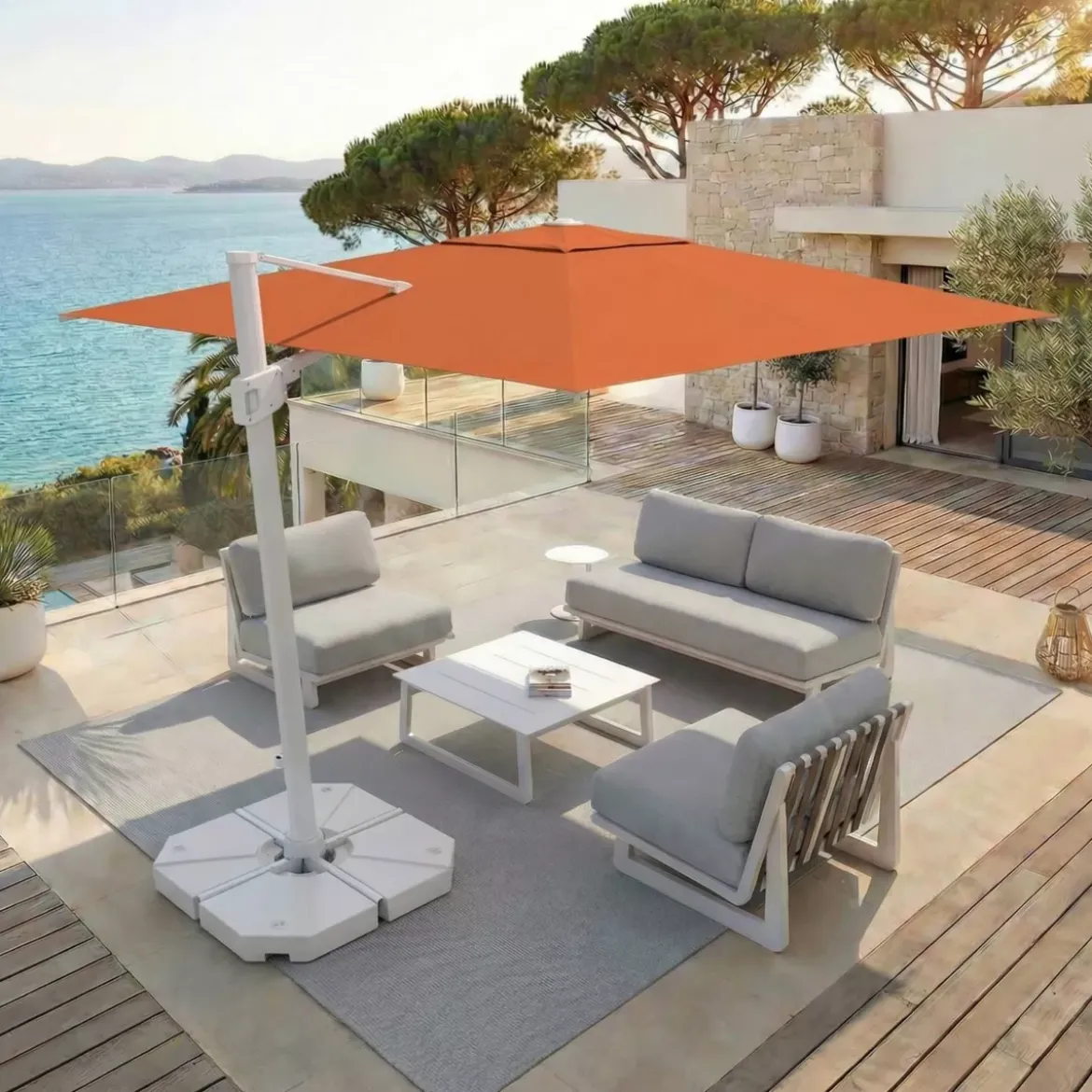 Ombrellone decentrato rettangolare in alluminio con base (3 x 4 m) Elyra Bianco e Terracotta