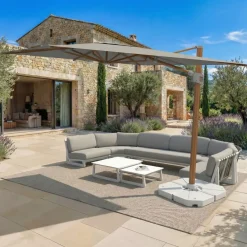 Ombrellone decentrato rettangolare in alluminio con base (3 x 4 m) Elyra effetto legno e Grigio