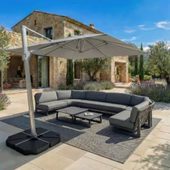 Ombrellone decentrato rettangolare in alluminio con base (3 x 4 m) Elyra Metallico lucido e Grigio