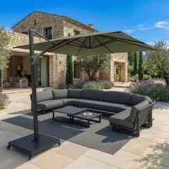 Ombrellone decentrato rettangolare in alluminio con base (3 x 4 m) Elyra Antracite e Verde oliva