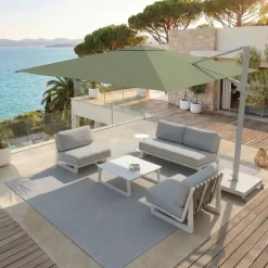 Ombrellone decentrato rettangolare in alluminio con base (3 x 4 m) Elyra Bianco e Verde oliva