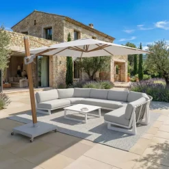 Ombrellone decentrato rettangolare in alluminio con base (3 x 4 m) Elyra effetto legno e Bianco