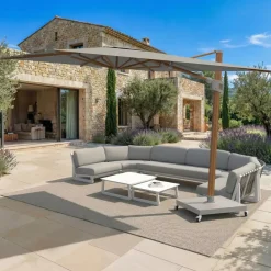 Ombrellone decentrato rettangolare in alluminio con base (3 x 4 m) Elyra effetto legno e Grigio