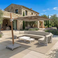Ombrellone decentrato rettangolare in alluminio con base (3 x 4 m) Elyra effetto legno e Tortora