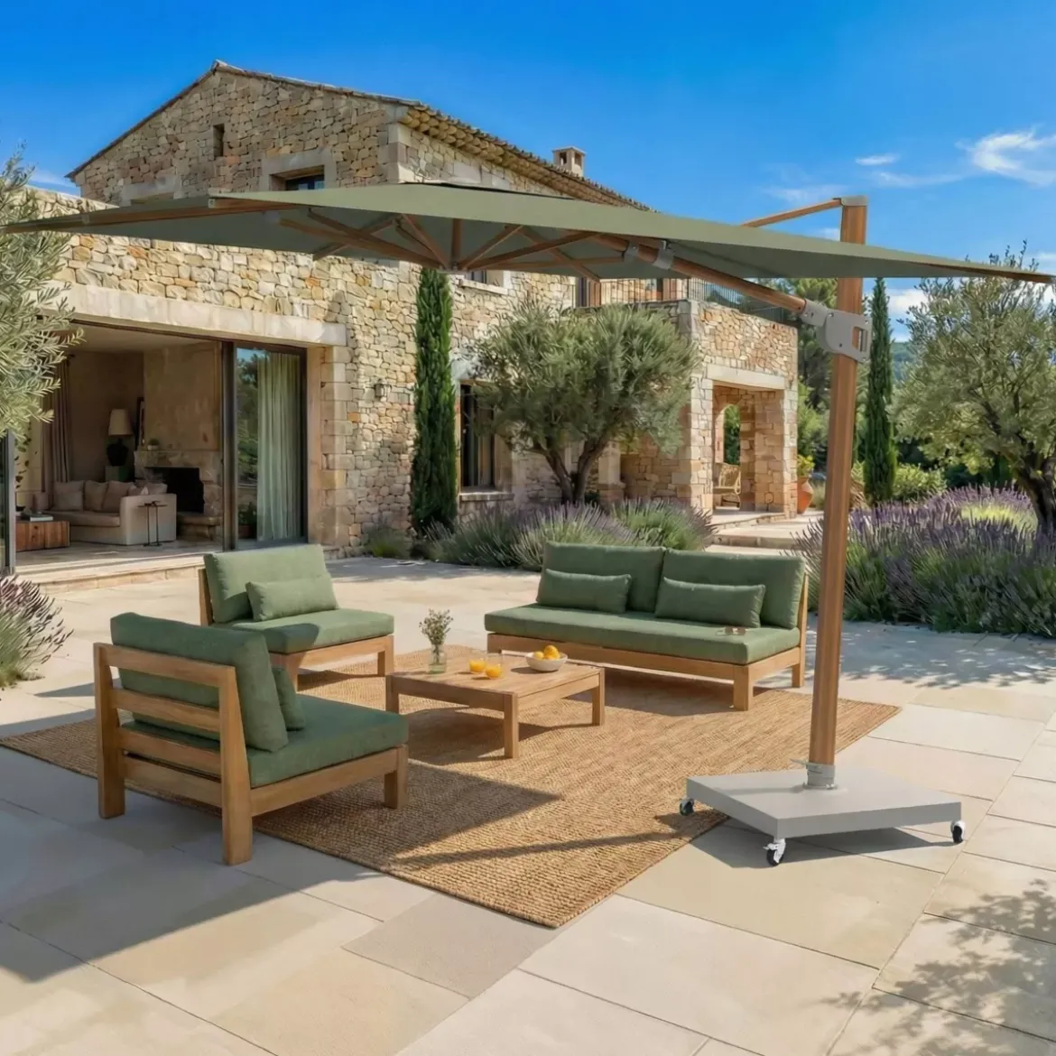 Ombrellone decentrato rettangolare in alluminio con base (3 x 4 m) Elyra effetto legno e Verde oliva