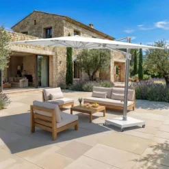 Ombrellone decentrato rettangolare in alluminio con base (3 x 4 m) Elyra Metallico lucido e Bianco