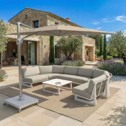 Ombrellone decentrato rettangolare in alluminio con base (3 x 4 m) Elyra Metallico lucido e Tortora