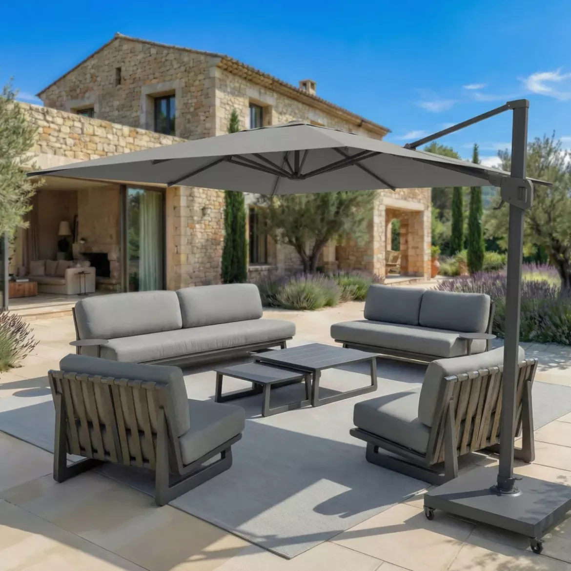 Ombrellone quadrato in alluminio con base (3 x 3 m) Elyra Antracite e Grigio
