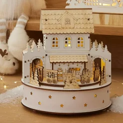 Paese di Natale in legno luminoso e musicale a pile (H19 cm) Casa di famiglia