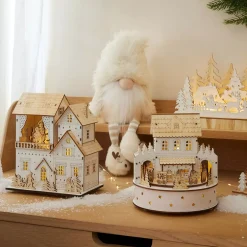 Paese di Natale in legno luminoso e musicale a pile (H19 cm) Casa di famiglia