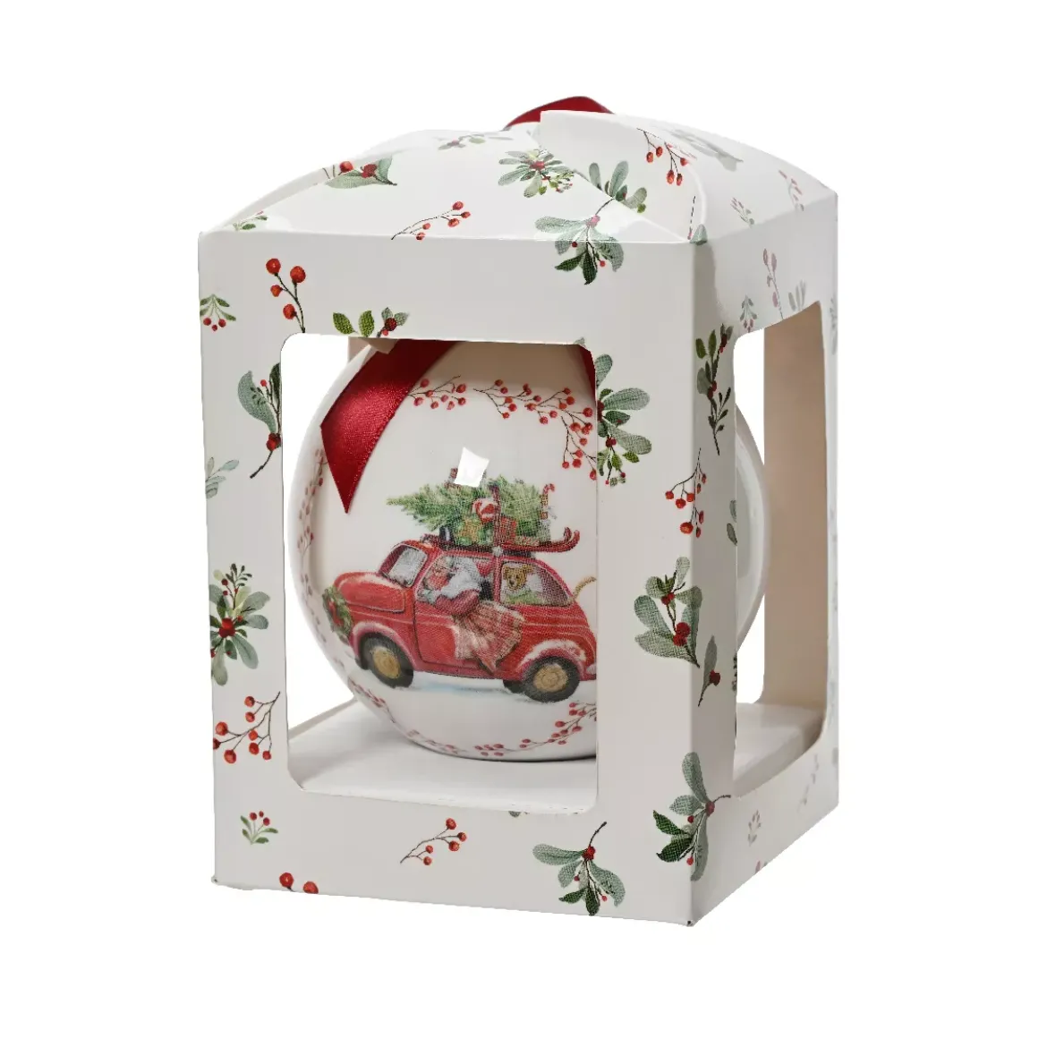 Pallina di Natale (D100 mm) Fiocco rosso Auto di Babbo Natale Bianco