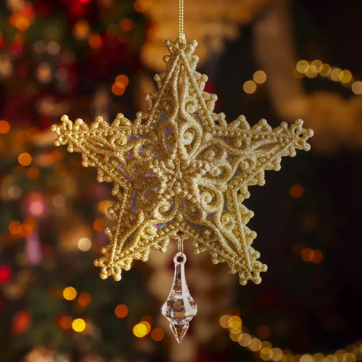 Pendente di Natale (H13 cm) Stella dei Sogni Dorata Glitterata