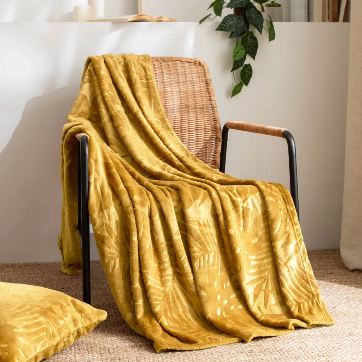 Plaid morbido in flanella (130 x 180 cm) Fiore Giallo senape