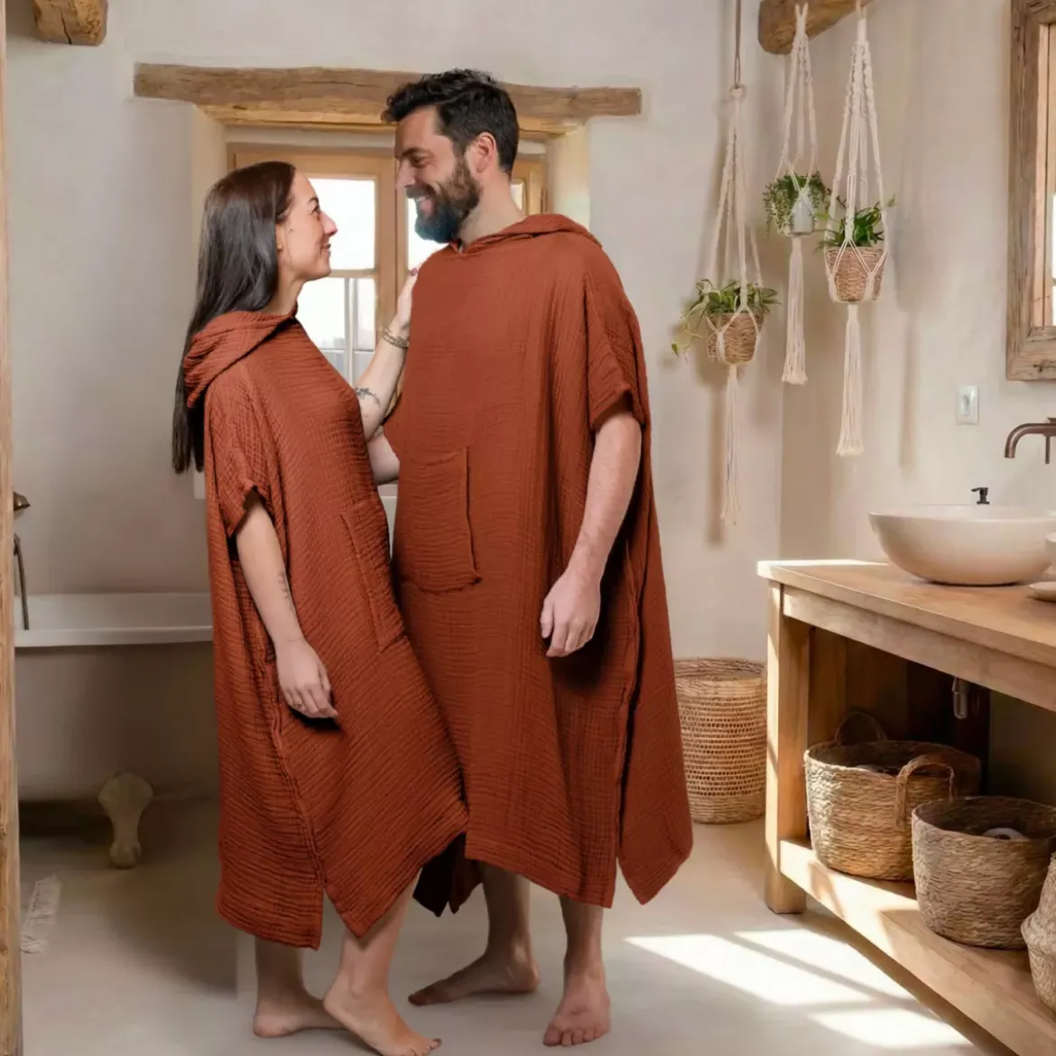 Poncho adulto in garza di cotone L/XL Gaïa Terracotta