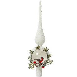Puntale albero di Natale in vetro Passero Selvatico Bianco innevato